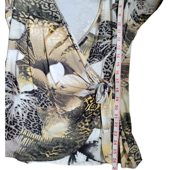 Vintage Beige and Brown Abstract Floral Faux Wrap Blouse Top Fits Size M, L & XL - Picture 8 of 10